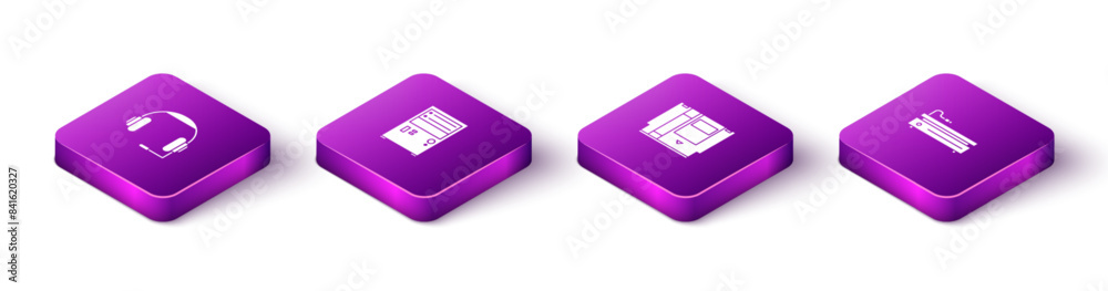 Set Isometric Headphones, Computer, Cartridge and Video game console icon. Vector Set Isometric Headphones, Computer, Cartridge and Video game console icon. Vector