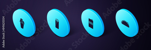 Set Isometric Taco with tortilla, Beer can, Burrito and Ice cream icon. Vector