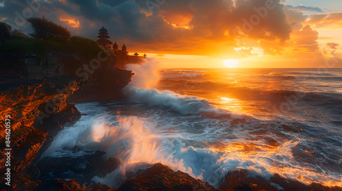 Majestic Sunset at Tanah Lot Temple, Bali, Indonesia - Waves Crashing Against Rocky Coastline Under Dramatic Sky