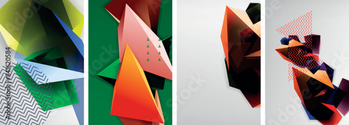 Trendy low poly 3d triangle shapes and other geometric elements background designs for wallpaper, business card, cover, poster, banner, brochure, header, website