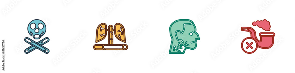 Set Bones and skull, Disease lungs, Throat cancer and Smoking pipe with smoke icon. Vector Set Bones and skull, Disease lungs, Throat cancer and Smoking pipe with smoke icon. Vector