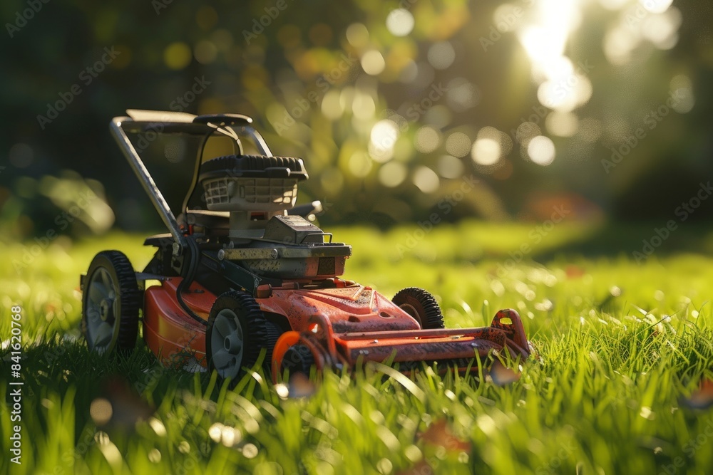 Fototapeta premium A close-up of the lawn mower's advance showed droplets scattering, a beautiful interplay between the machine and the moist, fresh nature of the lawn