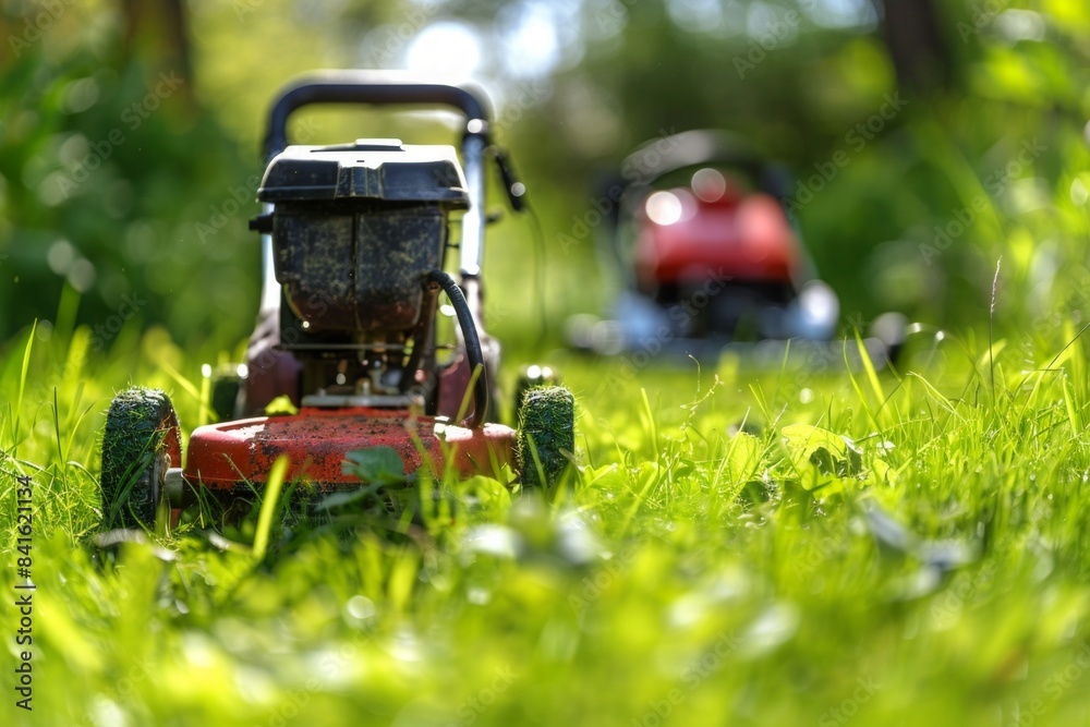 Obraz premium The lawn mower's close-up reveals the sharp blades cutting through the grass, turning the wild lawn into a pristine green carpet
