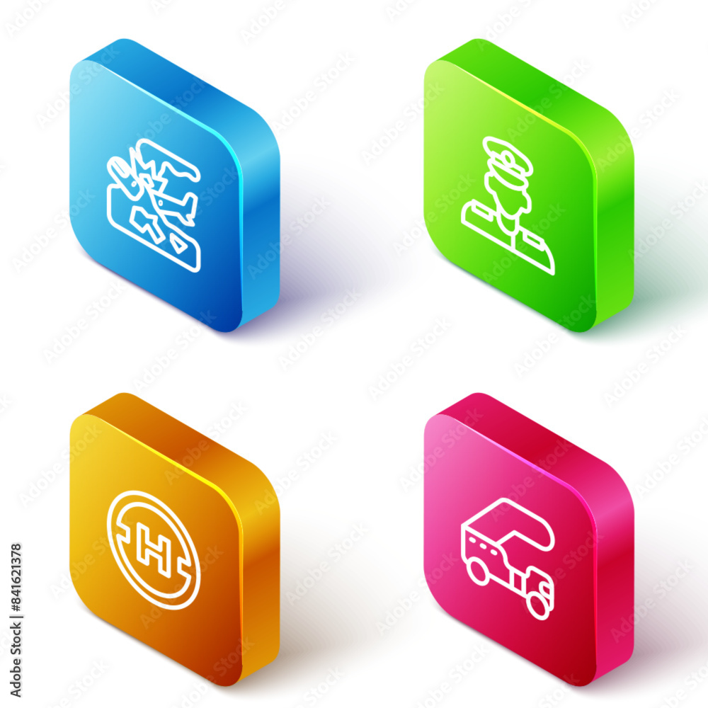 Set Isometric line Plane crash, Pilot, Helicopter landing pad and Passenger ladder icon. Vector Set Isometric line Plane crash, Pilot, Helicopter landing pad and Passenger ladder icon. Vector