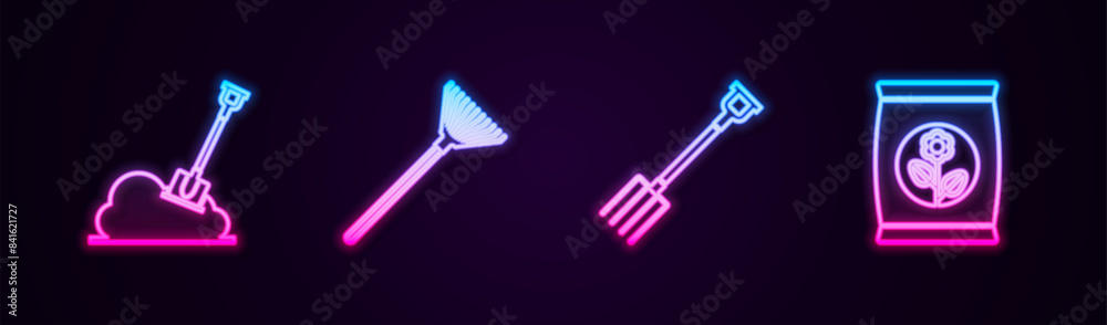 Set line Shovel in the ground, Garden rake for leaves, pitchfork and Fertilizer bag. Glowing neon icon. Vector Set line Shovel in the ground, Garden rake for leaves, pitchfork and Fertilizer bag. Glowing neon icon. Vector