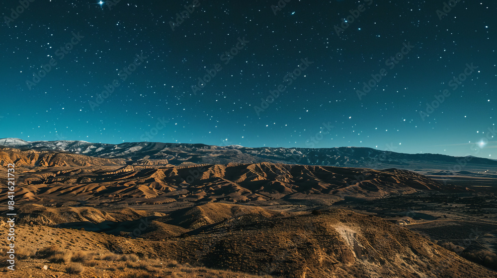 Fototapeta premium Starry night sky over arid hills and distant mountains