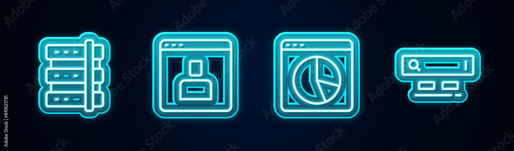 Set line Server, Create account screen, Graph chart infographic and Search engine. Glowing neon icon. Vector Set line Server, Create account screen, Graph chart infographic and Search engine. Glowing neon icon. Vector