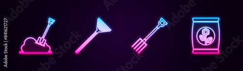 Set line Shovel in the ground, Garden rake for leaves, pitchfork and Fertilizer bag. Glowing neon icon. Vector