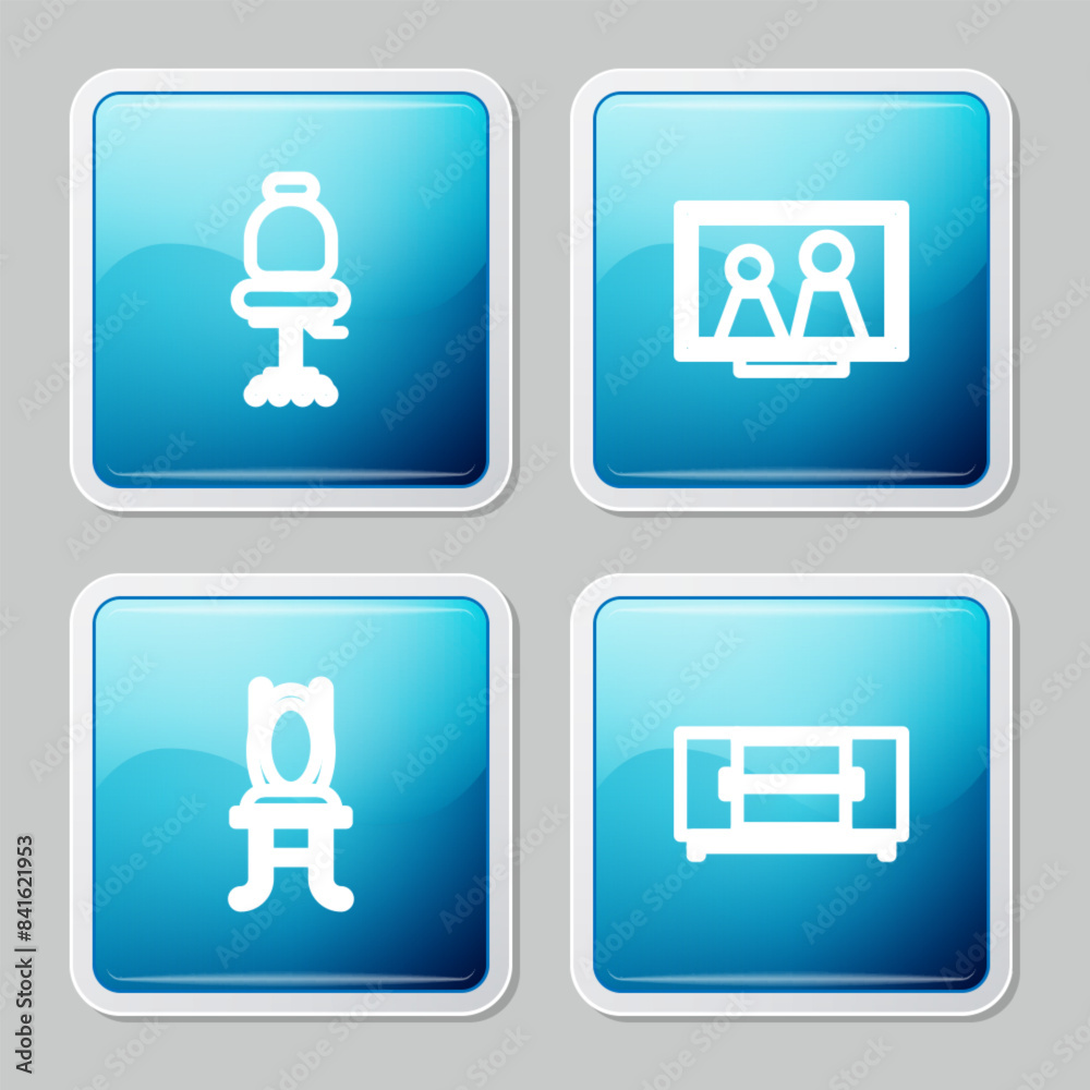 Set line Office chair, Picture frame on table, Chair and TV stand icon. Vector Set line Office chair, Picture frame on table, Chair and TV stand icon. Vector