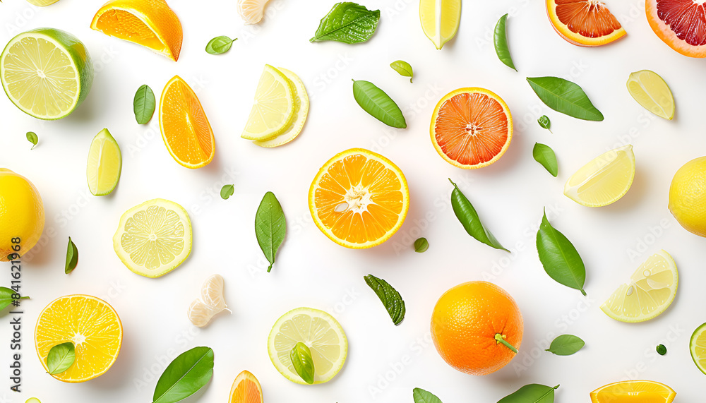 Different fresh citrus fruits and leaves falling on white background Different fresh citrus fruits and leaves falling on white background