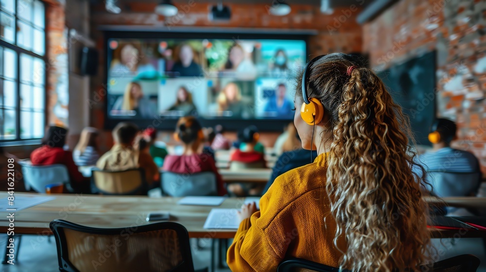 A young woman in a classroom attends a video conference with headphones on. A young woman in a classroom attends a video conference with headphones on.