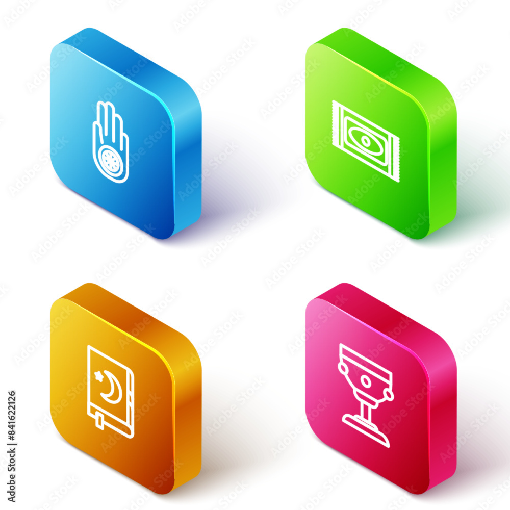 Set Isometric line Jainism or Jain Dharma, Traditional carpet, Holy book of Koran and Christian chalice icon. Vector Set Isometric line Jainism or Jain Dharma, Traditional carpet, Holy book of Koran and Christian chalice icon. Vector