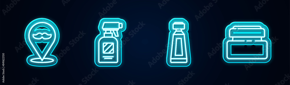 Set line Barbershop, Hairdresser pistol spray bottle, Cream or lotion cosmetic tube and . Glowing neon icon. Vector Set line Barbershop, Hairdresser pistol spray bottle, Cream or lotion cosmetic tube and . Glowing neon icon. Vector