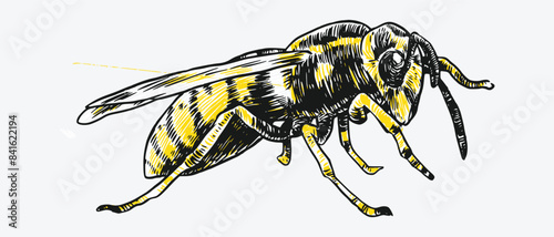 Hand drawn wasp sketch, engraving. Different pose, action. Isolated background. Vector illustration.