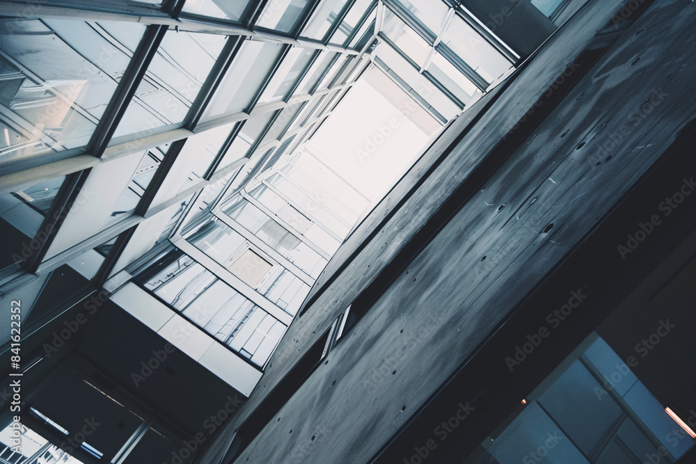 Looking up at vertical lines of modern buildings with glass and reflections, showcasing urban design