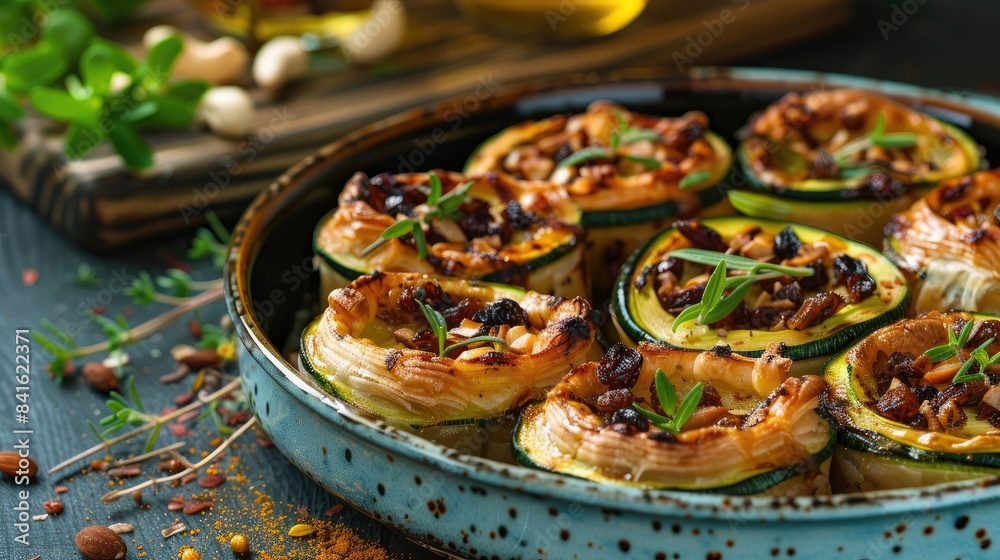 Zucchini pastry with nuts and raisins on a blue dish Tasty treat Throwback image Zucchini pastry with nuts and raisins on a blue dish Tasty treat Throwback image