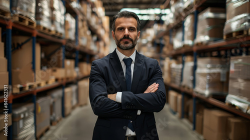 Confident businessman with arms crossed in warehouse storage area