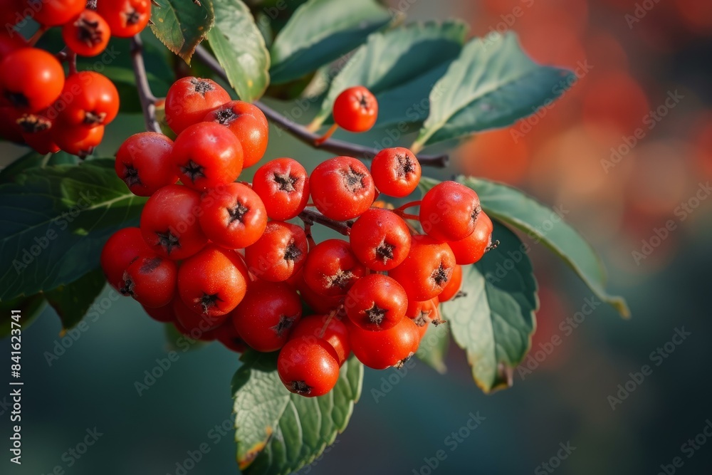 Fototapeta premium Lush rowanberry branch with ripe red fruits and green leaves, set against a soft-focus background