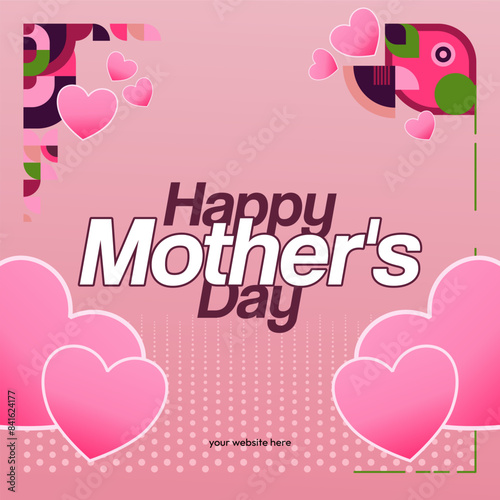 Mother's Day banner. Modern geometric abstract square background in colorful style for world Mother's Day. Greeting card cover with text Happy Mother's Day