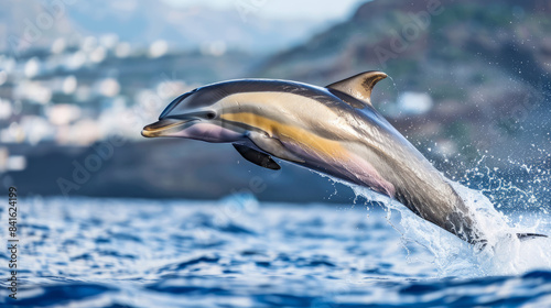 Striped dolphin leaping out of the ocean in a dynamic display photo