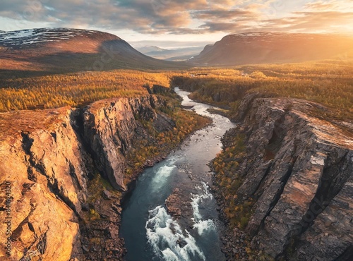 Cuadro en lienzo River canyon landscape in Sweden Abisko national park travel aerial view wildern