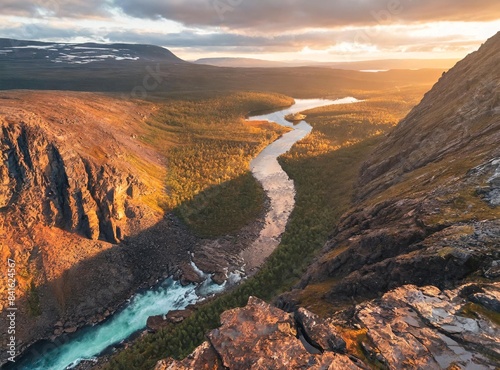 Foto River canyon landscape in Sweden Abisko national park travel aerial view wildern