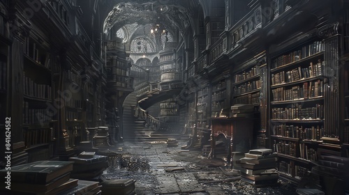 An ancient library filled with dusty tomes and hidden knowledge.  photo