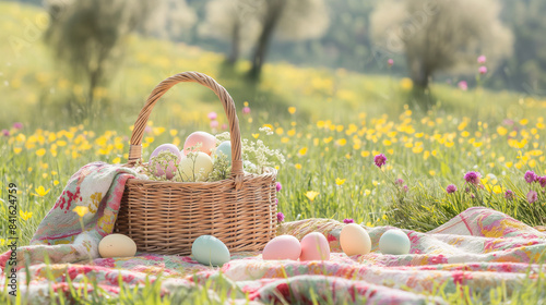 Easter Basket with Colorful Eggs on Blanket in Spring Meadow

