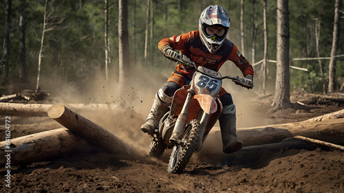 A detailed illustration of a motocross rider navigating a challenging obstacle course, weaving between cones and over logs, with intense focus and determination on their face, showcasing skill  photo