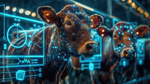 Fototapeta Naklejka Na Ścianę i Meble -  Cybernetic farm animals equipped with sensors and digital health monitors in a futuristic barn