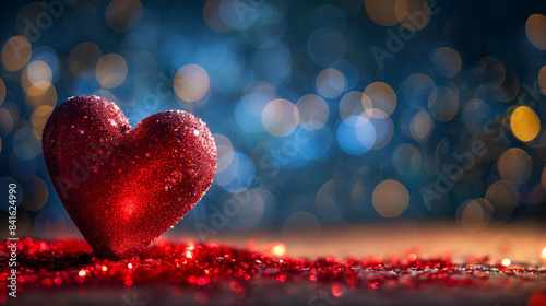 Glittery Red Heart with Blue Bokeh Background

