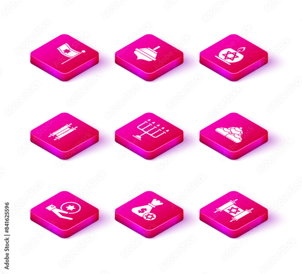 Set Jewish coin on hand, money bag with star of david, Torah scroll, Hanukkah menorah, sweet bakery, Burning candle candlestick and dreidel icon. Vector Set Jewish coin on hand, money bag with star of david, Torah scroll, Hanukkah menorah, sweet bakery, Burning candle candlestick and dreidel icon. Vector