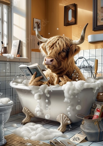 Wallpaper Mural Highland Cow Relaxing in Bubble Bath with Book in White Tub Torontodigital.ca