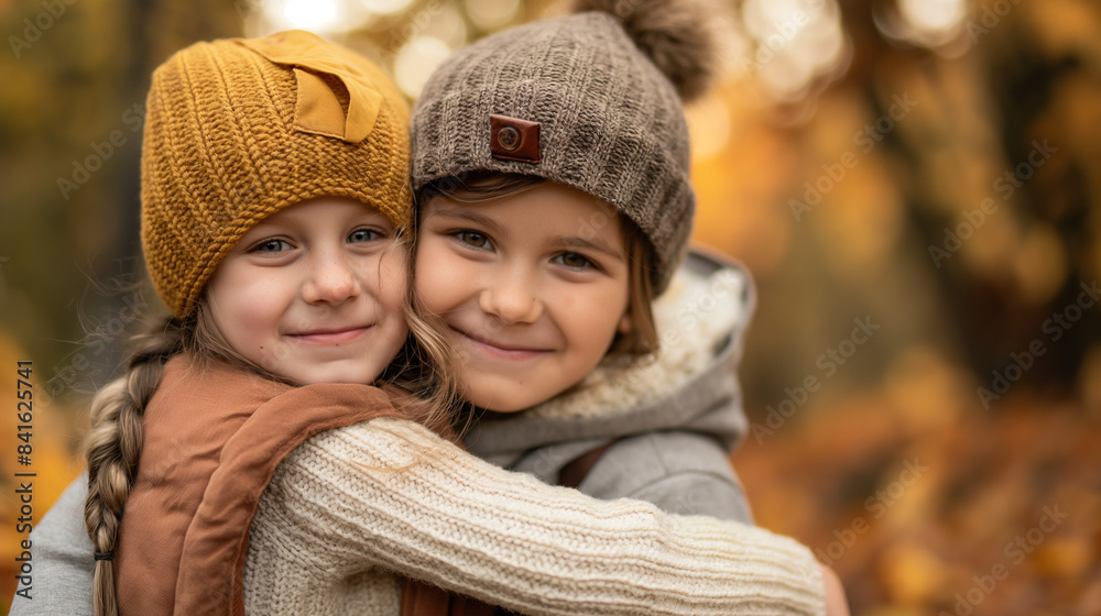 Smiling Siblings Hugging in Autumn Park with Warm Clothing
Smiling Siblings Hugging in Autumn Park with Warm Clothing