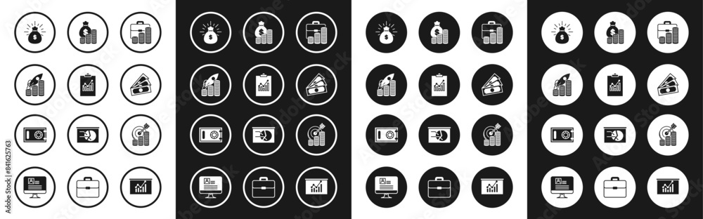 Set Briefcase and coin, Clipboard with graph chart, Rocket flying up on coins growth, Money bag, Stacks paper money cash, Target symbol and Safe icon. Vector Set Briefcase and coin, Clipboard with graph chart, Rocket flying up on coins growth, Money bag, Stacks paper money cash, Target symbol and Safe icon. Vector