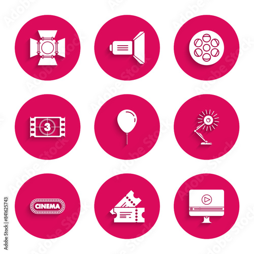 Set Balloon with ribbon, Cinema ticket, Online play video, Table lamp, poster design template, Play Video, Film reel and Movie spotlight icon. Vector