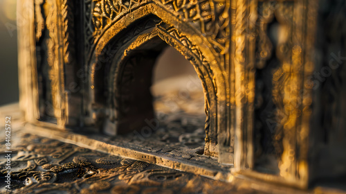A beautiful archway with intricate designs and a golden hue, miniature model, tilt-shift view photo