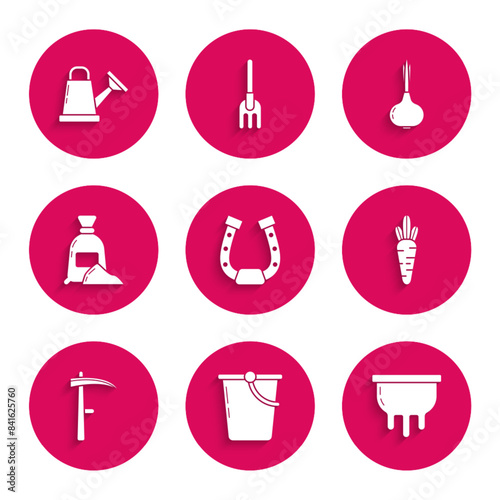 Set Horseshoe, Bucket, Udder, Carrot, Scythe, Bag of flour, Onion and Watering can icon. Vector