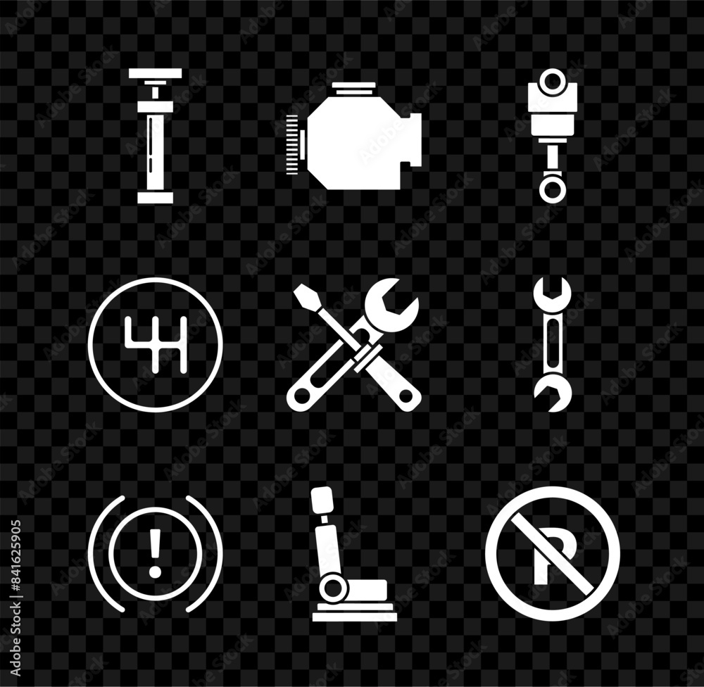 Set , Check engine, Engine piston, Brake system warning, Car seat, No Parking or stopping, Gear shifter and Screwdriver and wrench tools icon. Vector Set , Check engine, Engine piston, Brake system warning, Car seat, No Parking or stopping, Gear shifter and Screwdriver and wrench tools icon. Vector