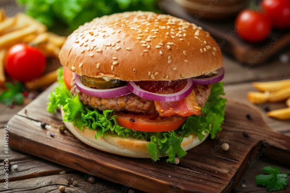 Close-up of a juicy cheeseburger with bacon, lettuce, and tomato on a wooden board Close-up of a juicy cheeseburger with bacon, lettuce, and tomato on a wooden board