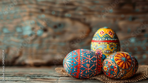 Decorated Easter Eggs on Rustic Wooden Background

