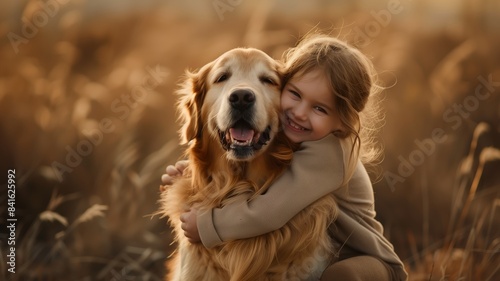 Blonde Girl With Golden Retriever Dog: Happy Sunset Moment in Tall Grass photo