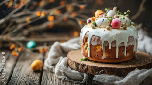 Traditional Easter Cake with Icing and Decorations on Rustic Wooden Table

