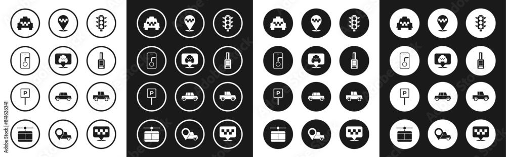 Set Traffic light, Location with taxi, City map navigation, Taxi car, Car key remote, and Parking icon. Vector Set Traffic light, Location with taxi, City map navigation, Taxi car, Car key remote, and Parking icon. Vector