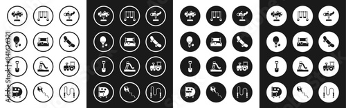 Set Swing plane, Volleyball net with ball, Racket and, car, Skateboard trick, Double swing, Toy train and Shovel toy icon. Vector photo