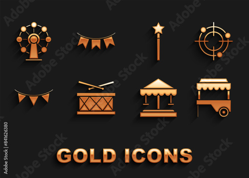 Set Drum with drum sticks, Target sport for shooting competition, Fast street food cart awning, Attraction carousel, Carnival garland flags, Magic wand, Ferris wheel and icon. Vector