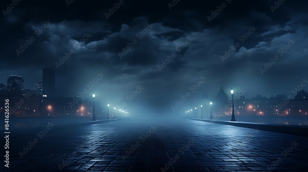 Background scene of empty street, Night view of the river, the night sky with clouds, the reflection of light on the water, Smoke fog