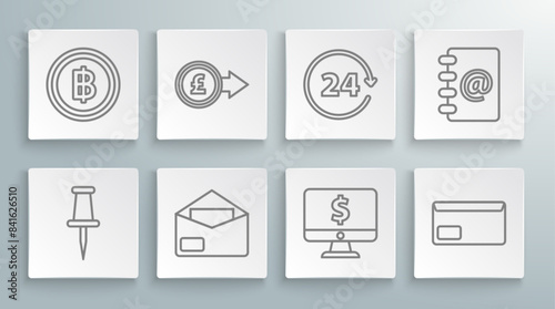 Set line Push pin, Coin money with pound sterling symbol, Envelope, Computer monitor dollar, Clock 24 hours, Address book and Cryptocurrency coin Bitcoin icon. Vector