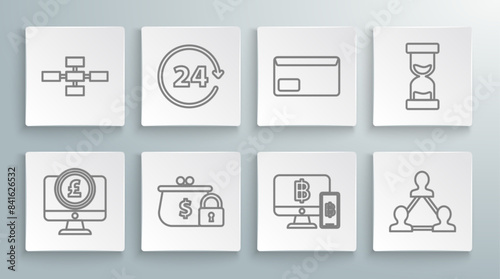 Set line Computer monitor with pound sterling symbol, Project team base, Envelope, Old hourglass flowing sand and Business hierarchy organogram chart infographics icon. Vector