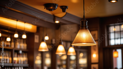 Lampe ou lustre éclairant un l'intérieur d'un restaurant.